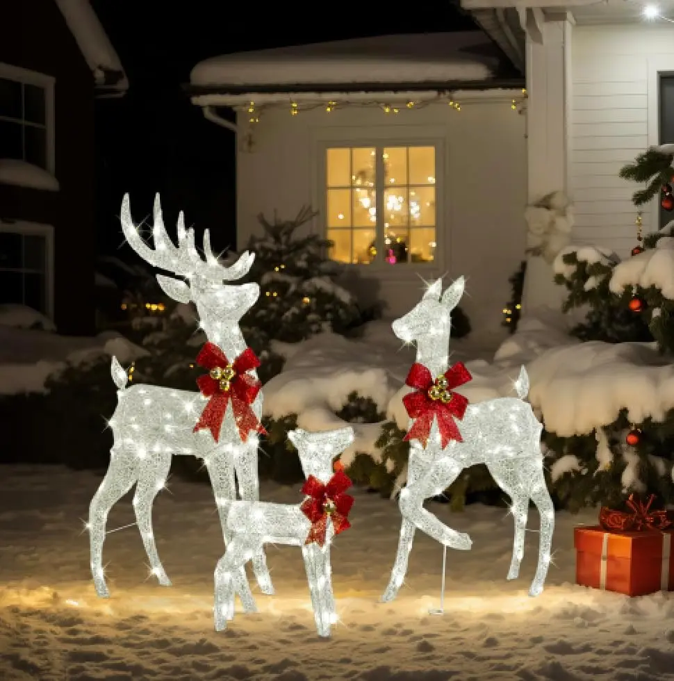 4ft Silver Prelit LED Christmas Reindeer Family Set (3-Piece), 210 Warm White Lights, Outdoor Yard Decor for Lawn, Garden, Porch (Buck, Doe, Fawn), 4Ft Silver Reindeer, Prelit Leds