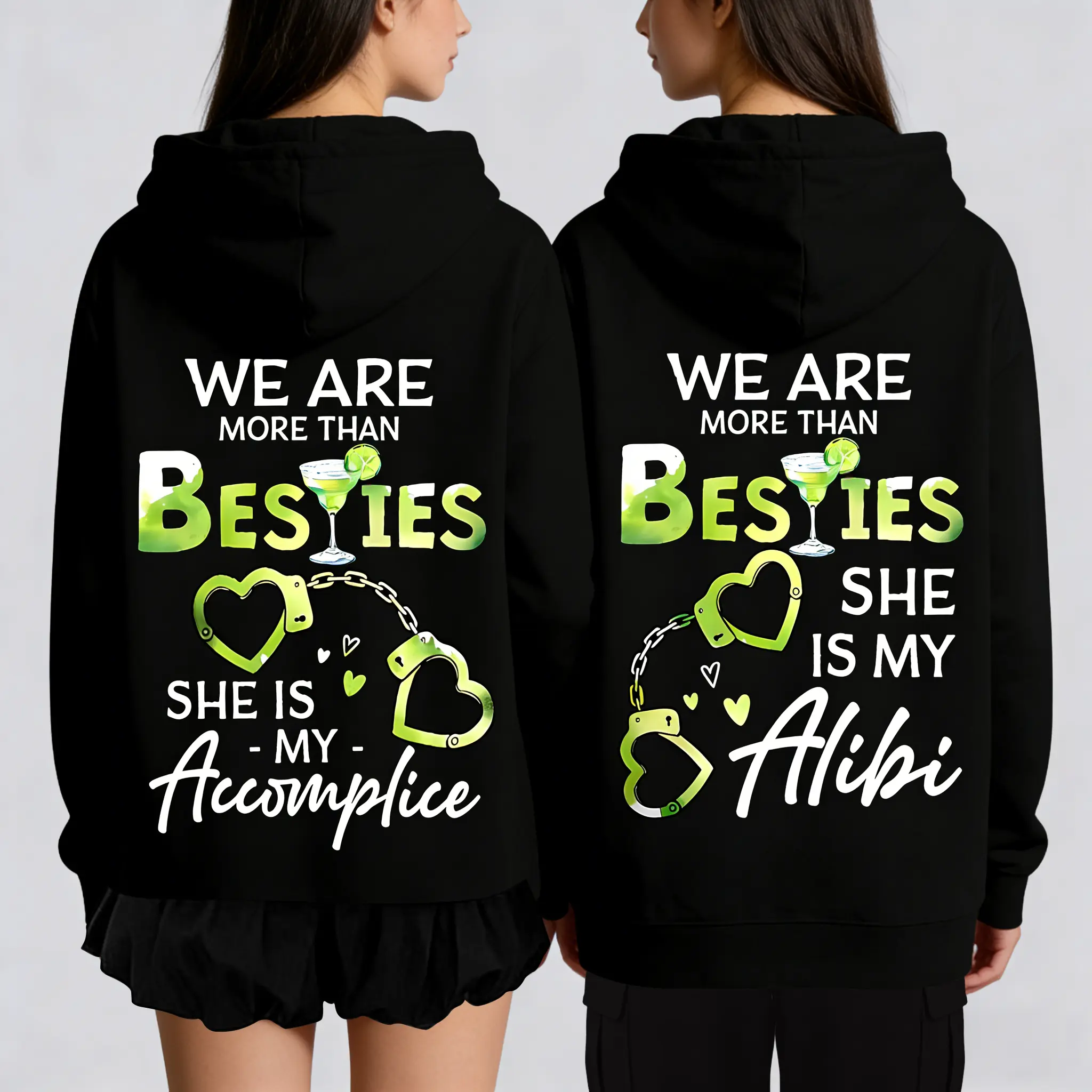 Women's Cotton Blend Matching Duo Set Hoodie - Medium Length Long Sleeve, Hood Neckline, Friendship Print "My Partner in Crime & My Alibi", Drawstring, Pocket, Cozy Streetwear, Funny Best Friend Gift, Everyday Wear