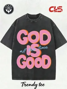 230g Washed Pure Cotton T - Shirt, Men's Casual Fashion, with 'God Is Good All the Time' Words Print, Outdoor Sports T - Shirt | Loose Fit | Soft Knitted T - Shirt