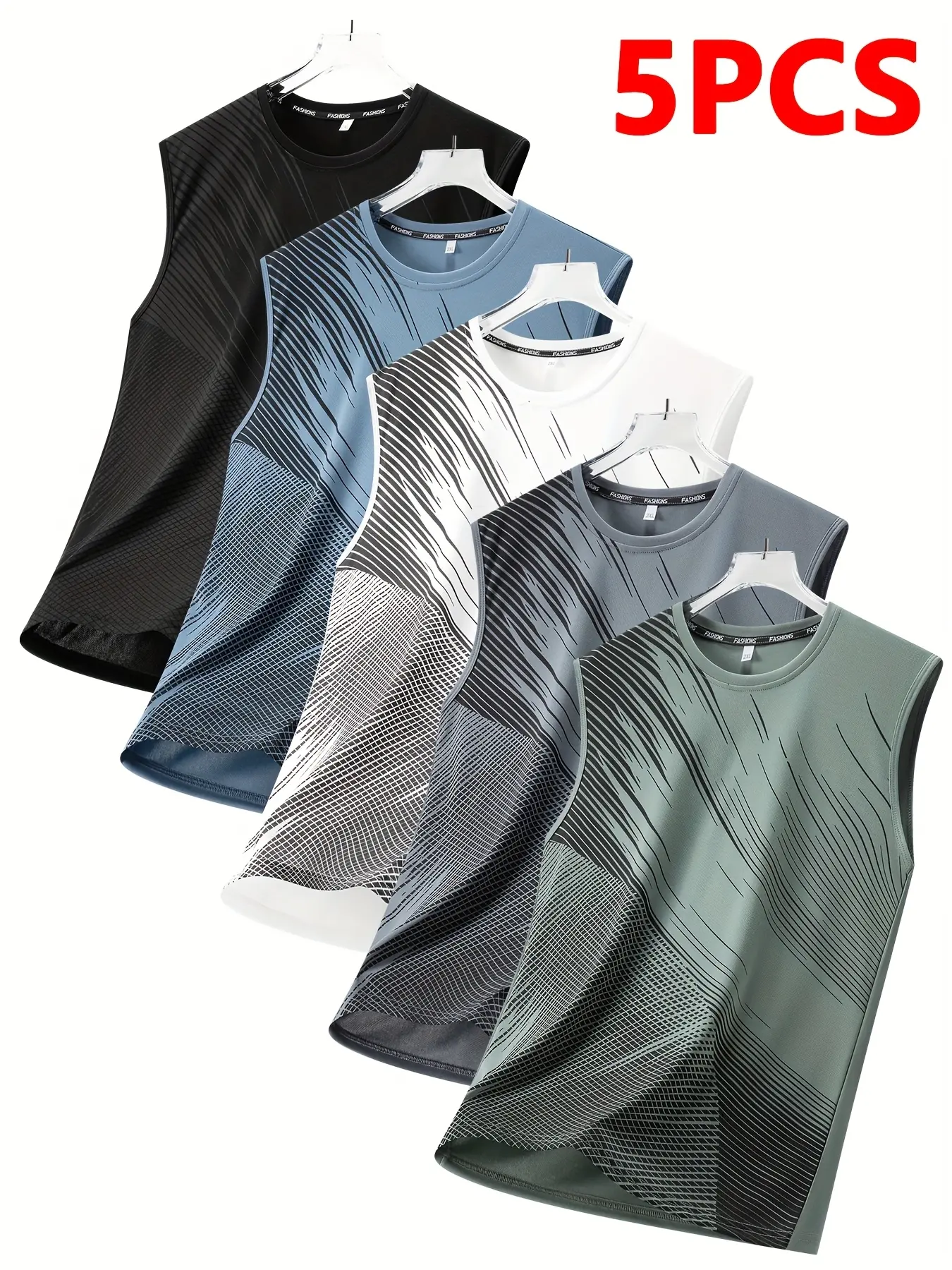 Pack of 5 summer sports casual tank tops for men—sleeveless crew-neck athletic shirts made from quick-drying, breathable, moisture-wicking fabric with geometric patterns; suitable for running, gym workouts, hiking, and outdoor activities; great as a gift.