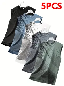 Pack of 5 summer sports casual tank tops for men—sleeveless crew-neck athletic shirts made from quick-drying, breathable, moisture-wicking fabric with geometric patterns; suitable for running, gym workouts, hiking, and outdoor activities; great as a gift.