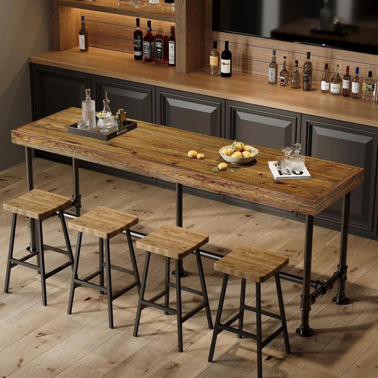 TRIBEWOOD 70.9-Inch Solid Wood Counter Height Pub Table, Industrial Long Rectangular High Top with Pipe-Style Metal Frame Legs, Footrest & Natural Grain, for Kitchen (Rustic Brown, Table Only)