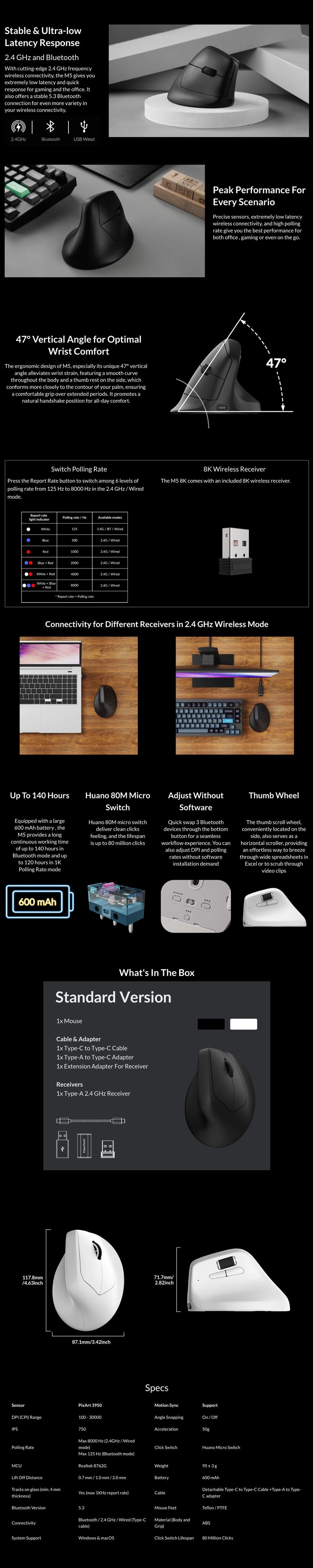 Keychron M5 Wireless Ergonomic Mouse with PixArt 3950 Sensor 2.4 GHz Bluetooth USB Wired Connectivity 8K Polling Rate 47° Vertical Design