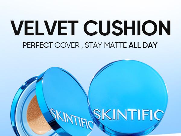 [New Shade Launch] SKINTIFIC Velvet Matte Cushion Foundation Blue Ultra Cover Powder Foundation, 12h Oil-Control, Lightweight, Long-Lasting, Waterproof Korean Cushion Makeup