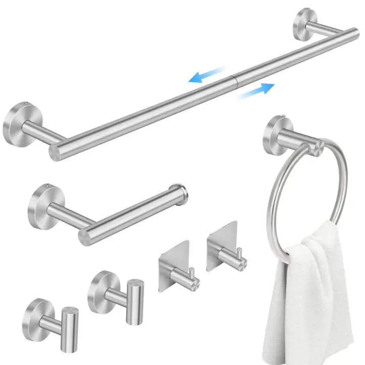 7-Piece Stainless Steel Bathroom Hardware Set - 24" Towel Bar, Toilet Paper Holder, Towel Ring, Robe Hooks - Nickel-Silver Finish, Rust Resistant, Wall Mounted