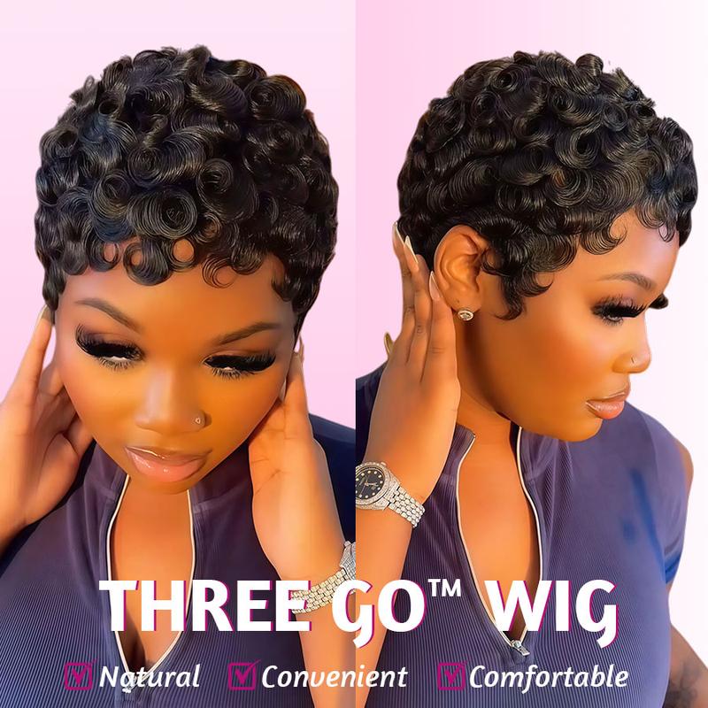 ShowReal 025 Short Pixie Cut Egg Wavy Curly Bomb Black Colorful Mommy Wig Pin Curls Brizalian Virgin Human Hair Cute Style Wigs For Black Women Daily Party Use
