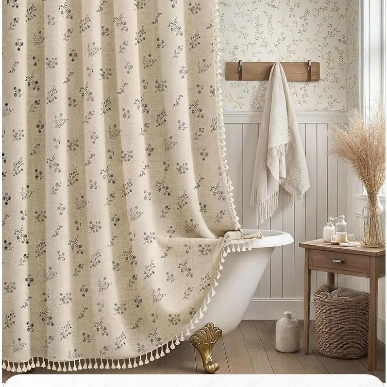 1pc Linen Slub Flax Shower Curtain - Printed, Fringed, Waterproof, Mold-Resistant, Anti-Leak Bathroom Partition Curtain with Garden, Flower, Geometric Patterns, Water Resistant