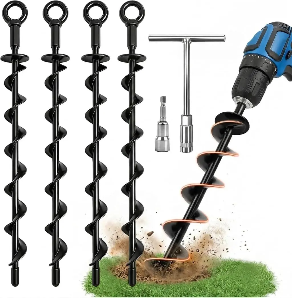 Ground Anchors Heavy Duty, 15in Steel Spiral Ground Stakes Screw in, 4 Pack Easy Install for Hard Soil, Outdoor Ground Anchors for Shed, Tent, Swing Set, Canopy, Trampoline Frame, High Wind Security