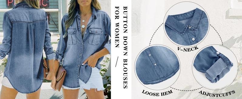 Imily Bela Womens Spring Summer Button Down Denim Shirt Long Sleeve Roll Up Casual Oversized Jean Shirt Jacket Distressed Tunic Tops