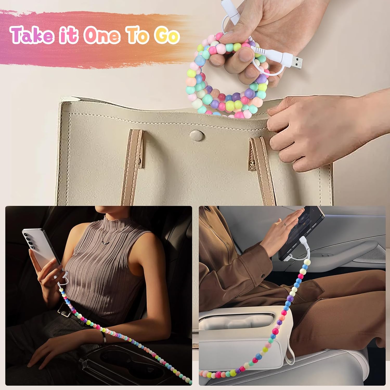 4 in 1 Beaded Charging detachable Cords stylish shine Fit for All Device USB-A,USB-C & Lightening for iPhone 15/16/17 Samsung Type-C Cellphone