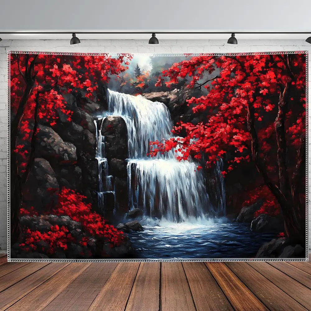 1PC Removable Polyester 2D Flat Nature Landscape Waterfall Red Maple Tapestry - Reusable Wall Hanging Home Room Decor, Festive Birthday Party Backdrop