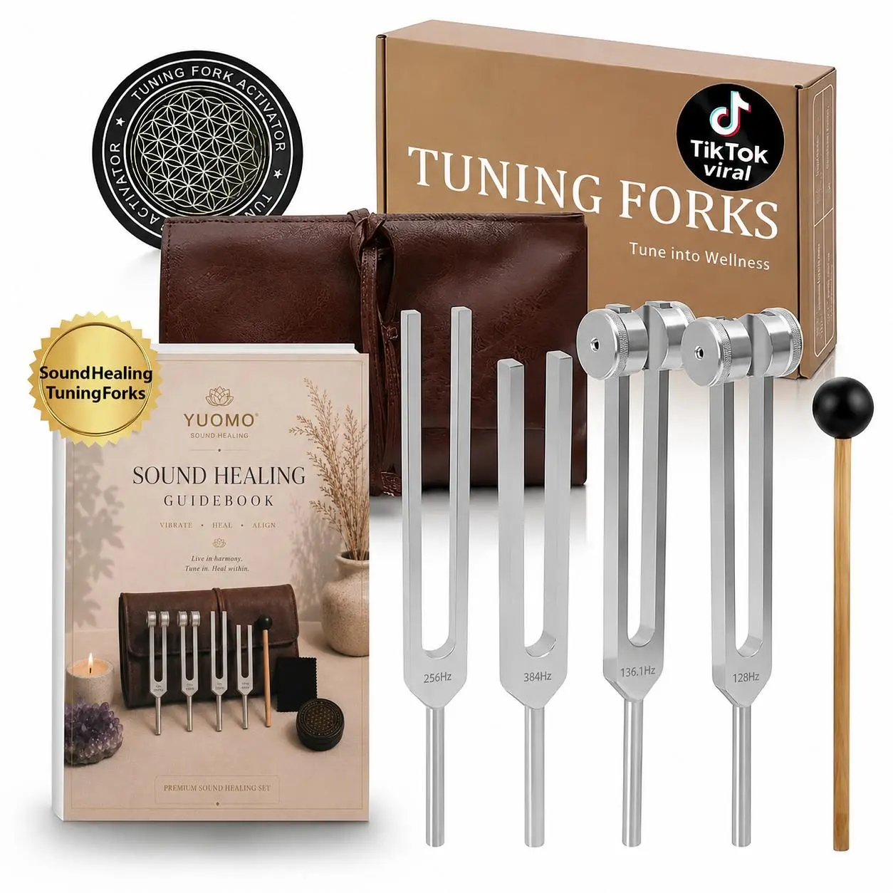 Resonance Sound Healing Tuning Fork Set – 128Hz, 136.1Hz, 256Hz, 384Hz with Activator – Sound Therapy for Stress Relief, Deep Relaxation & Chakra Balancing