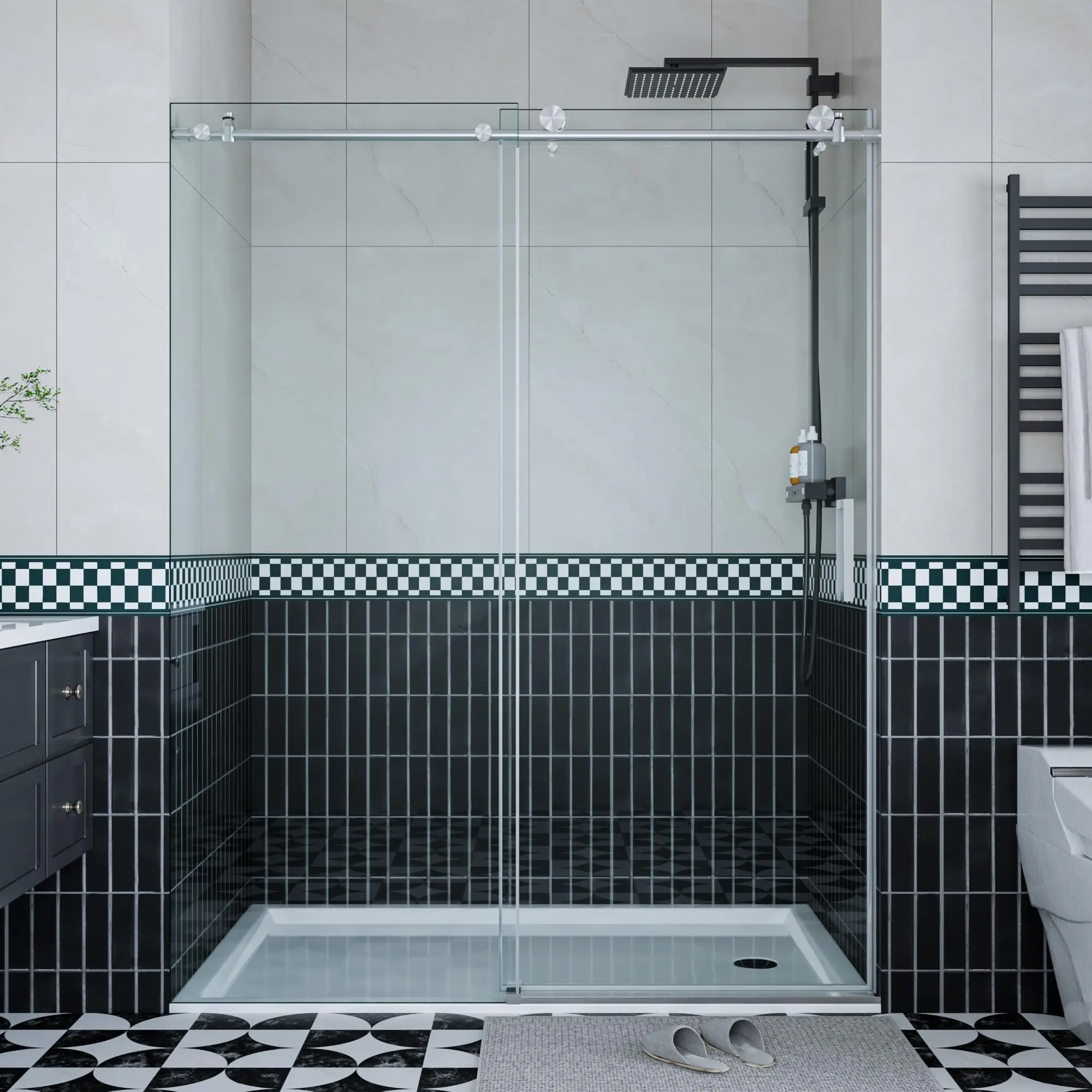 Garvee Sliding Glass Shower Door 56-60 Inch W x 76 Inch H–Frameless Shower Enclosure & Shower Glass Door with Stainless Steel Round Track, 8mm Coated Tempered Glass, Brushed Nickel for Contemporary Bathroom