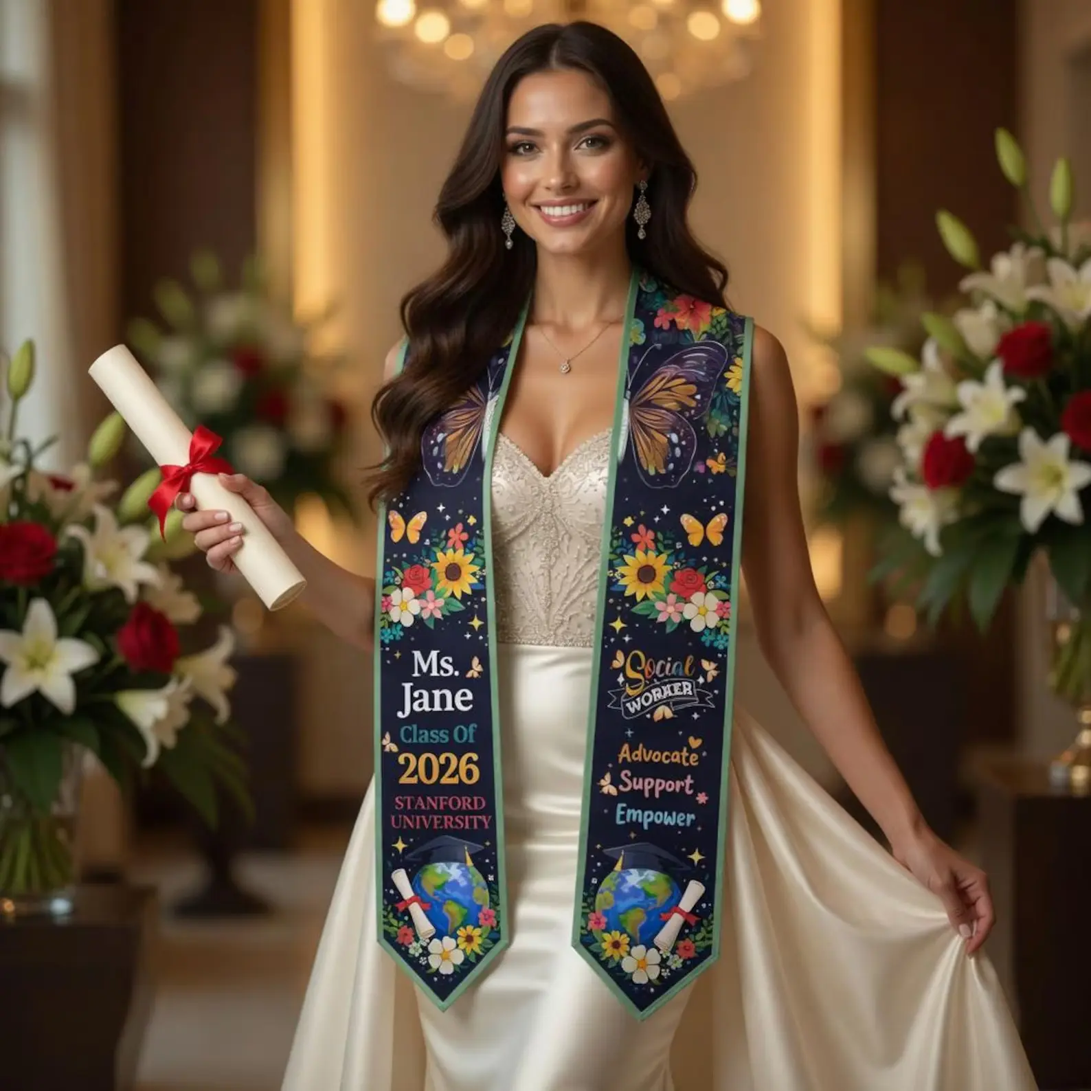 Personalized Social Work Graduation Stole 2026, Floral Butterfly Printed Sash, Custom Name Grad Stole, Social Worker Graduation Gift Keepsake