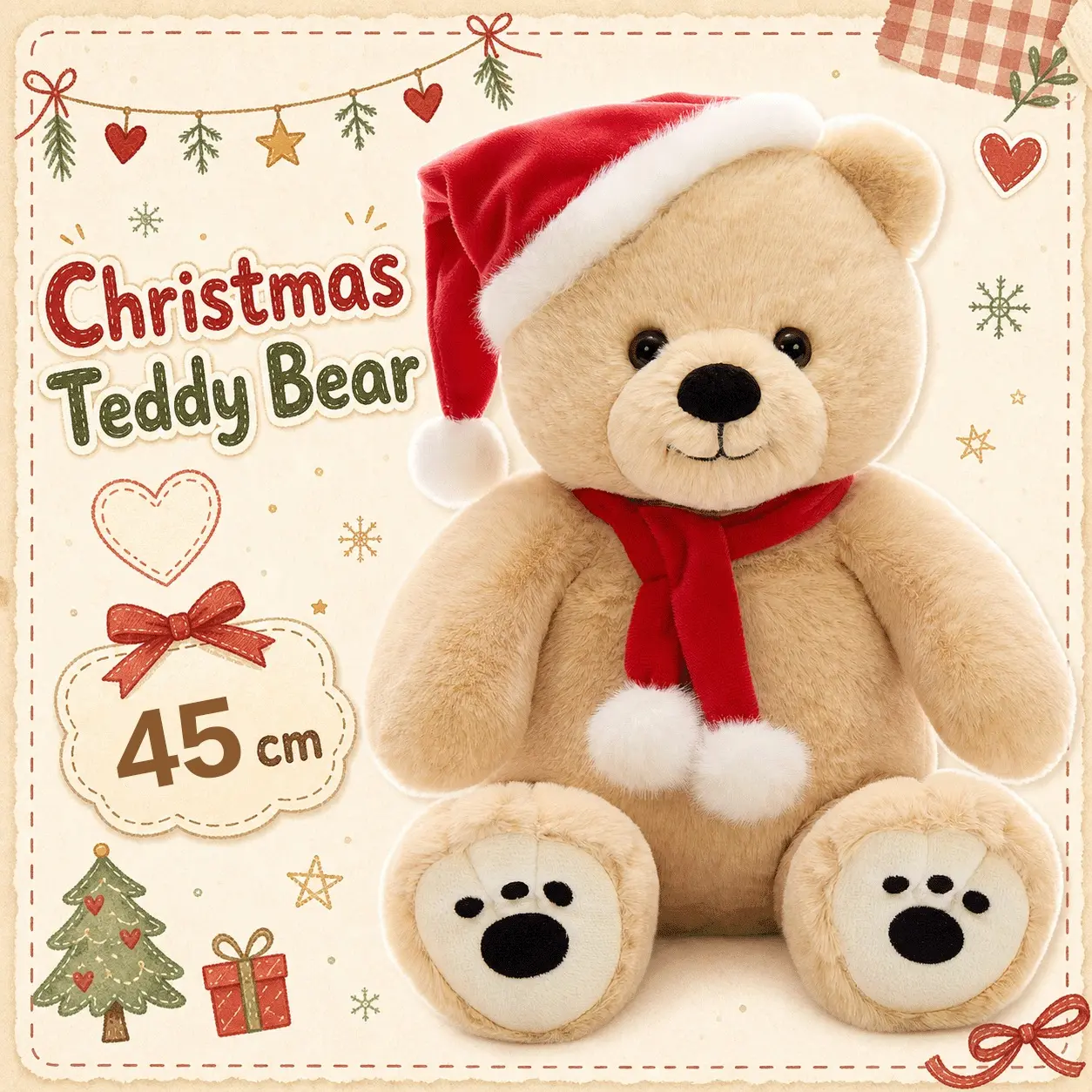 Tezituor 17.7 inch (45 cm) Christmas Teddy Bear Plush, Cute Santa Bear Stuffed Animal with Hat & Scarf, Soft Apricot Holiday Plush Toy, Christmas Gift for Kids, Girls, Boys and Home Decor