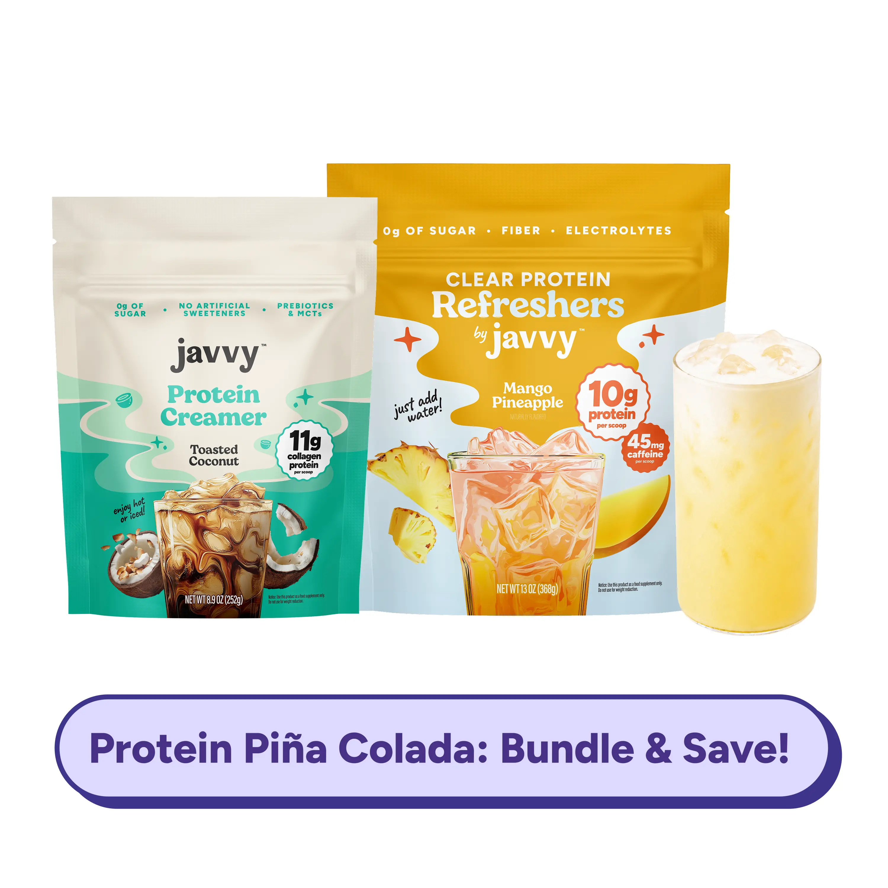 Javvy Protein Piña Colada TikTok Exclusive Bundle - Mango Pineapple Clear Protein Refresher + Toasted Coconut Collagen Protein Creamer - 10g + 11g Protein, 45mg Caffeine, 0g Sugar, Fiber, Electrolytes & MCTs, Naturally Flavored, Just Add Water