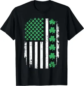 US American Flag with Shamrocks for St Patricks Day T-Shirt