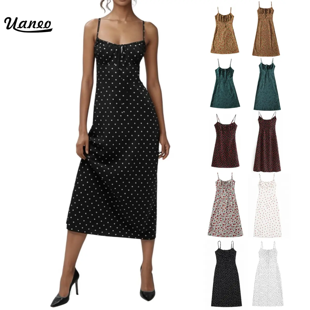 UANEO Women's Floral Dress Polka Dot Low-Cut Square Neck Spaghetti Strap Tie Bodycorn Dresses Casual Wear Slip with Adjustable Straps & Elastic Neckline SummerVibes Black Vacation Womenswear Summer Fall Back to School Outfits