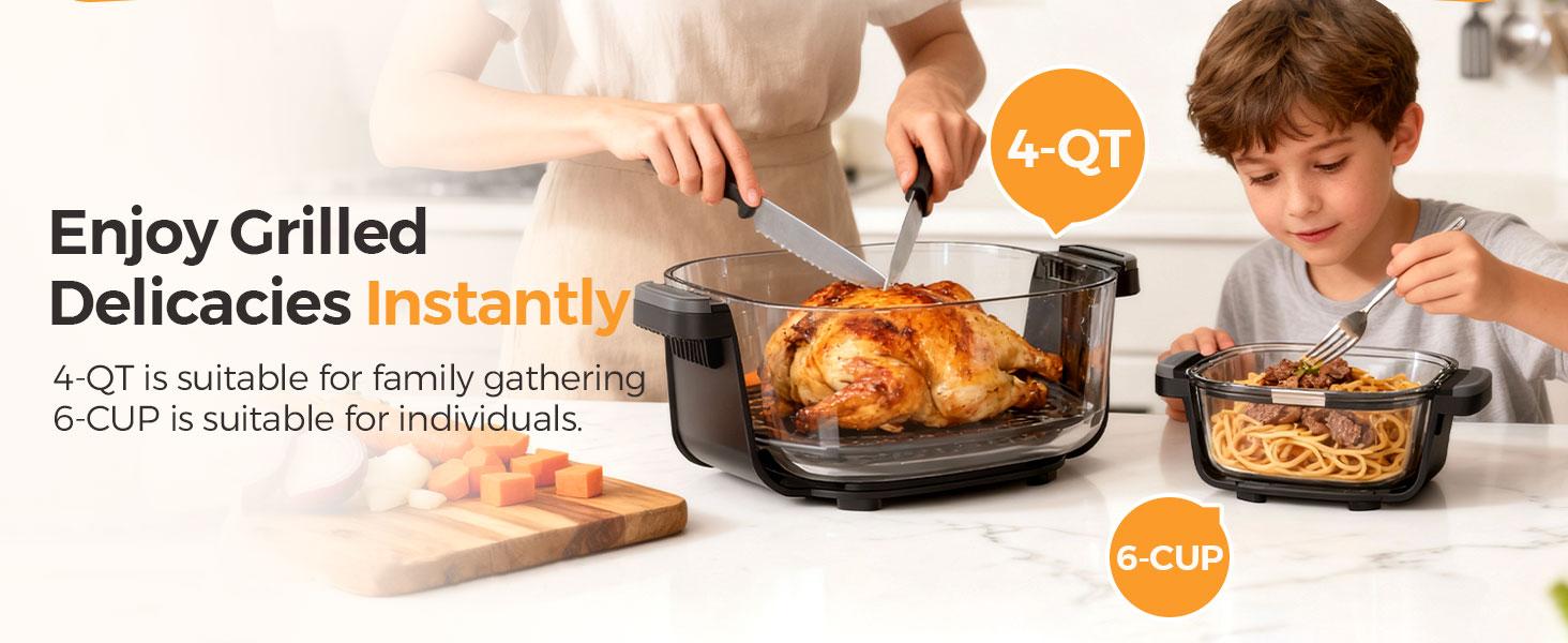 1500W 5-in-1 Glass Air Fryer Non-Toxic - 4Qt Pot+6Cup Container with Lid & Dust Cover, Portable Smart Kitchen Appliance Silicone Pad Included