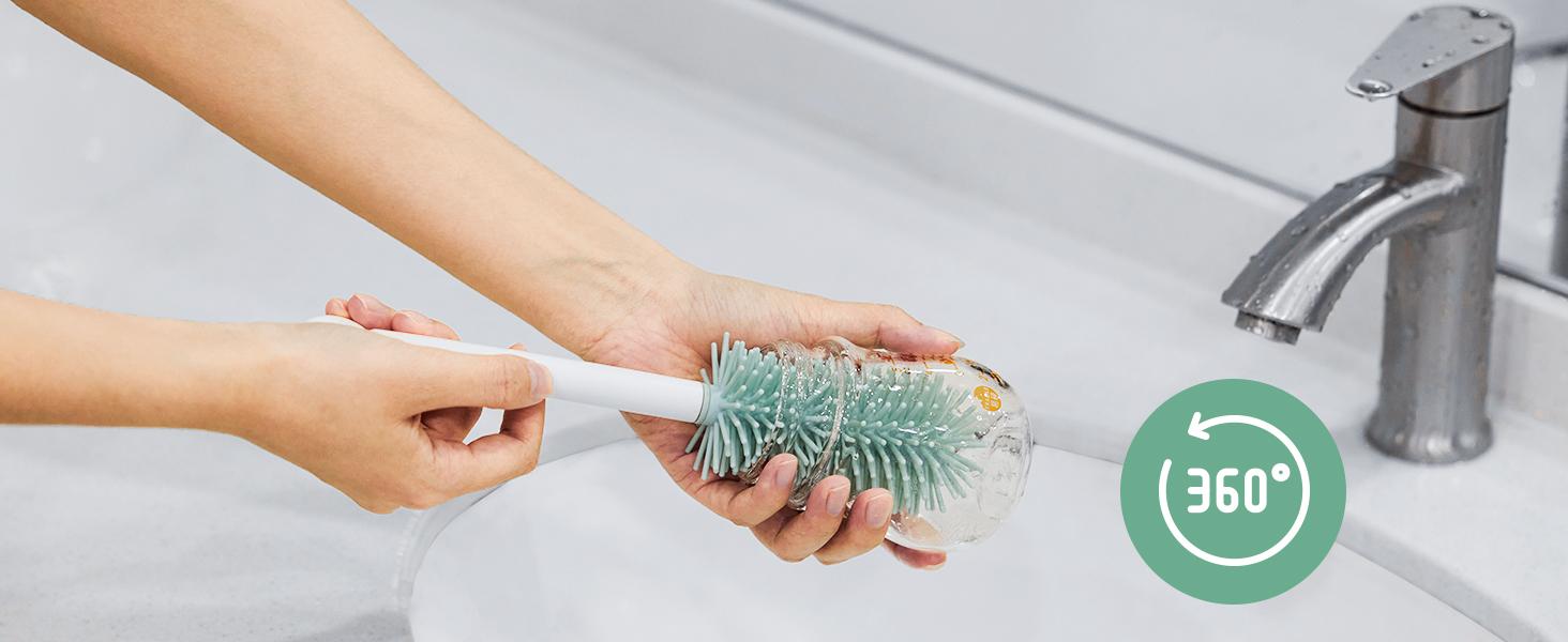 Momcozy Bottle Brush Kit, Innovative Push-Press Design for Better Cleaning - Baby Bottle Cleaner Brush for Baby Bottle, Breast Pumps, Nipples, and More - Can Generate Foam for Better Cleaning, Green