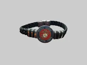 Unisex Marine Corps Black Braided Leather Bracelet | Made IN USA| Officially Licensed
