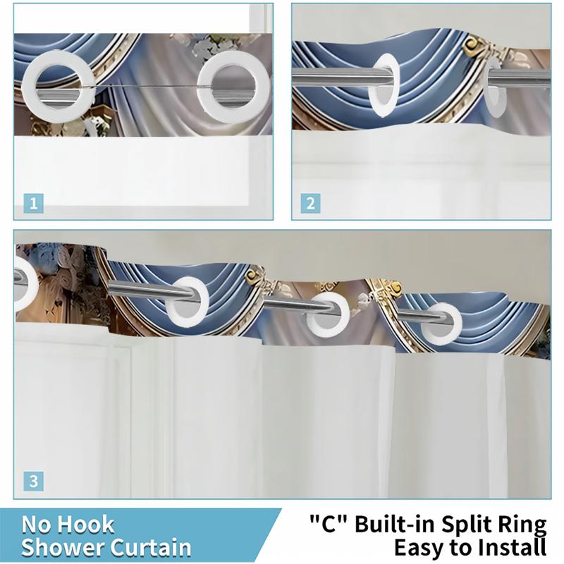 Blue Floral Shower Curtain Set Elegant Draped Design | Hookless, Waterproof, Removable Liner Bathroom Decoration