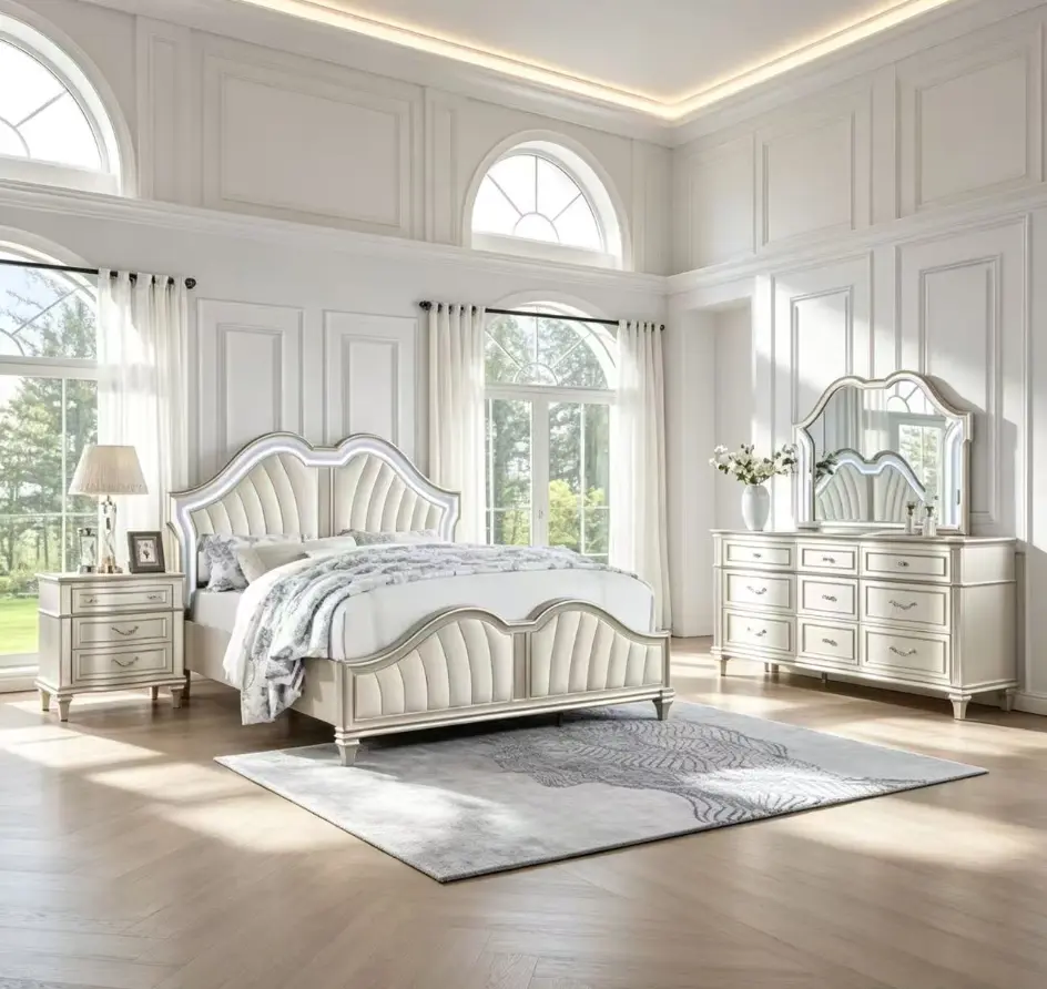 Bellemave 4-Piece Modern Glam Bedroom Furniture Set - Silver Oak Wood Veneer Arched Frame Bed, Ivory Fabric, Indoor Home Bedroom Decor Furnishings