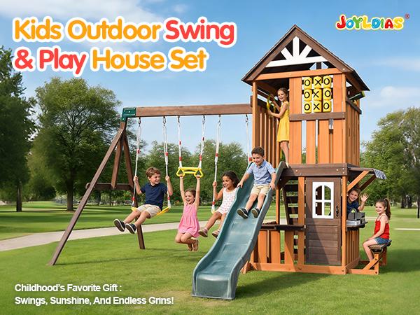Cedar Wood Swing Set with Wave Slide Play Kitchen Rock Wall Ladder Belt Swings Toy Telescope Steering Wheel Tic-Tac-Toe Balconies Outdoor Playhouse Playground Set for Backyard Garden
