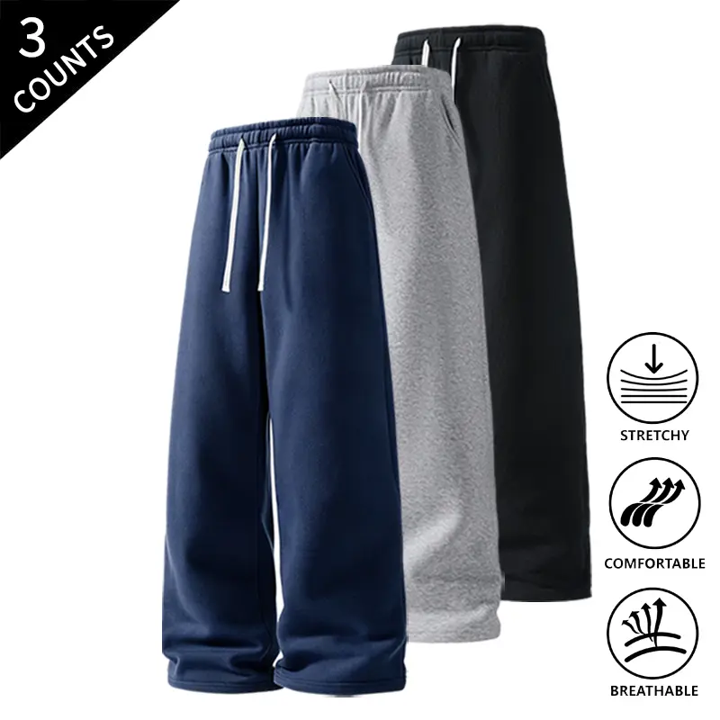 3-Pack Men’s Soft Cotton Blend Straight-Leg Sweatpants, Elastic Waist with Drawstring, Stretchable & Breathable, Casual Loose-Fit Pants for Gym & Everyday Use