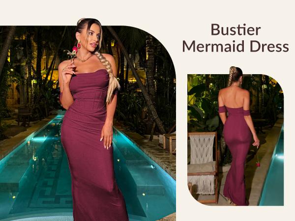 CurvySweet Women's Off The Shoulder Bodycon Corset Ruched Mesh Maxi Dress Built-in Bra Fall Cocktail Wedding Guest Dresses SpringStatements