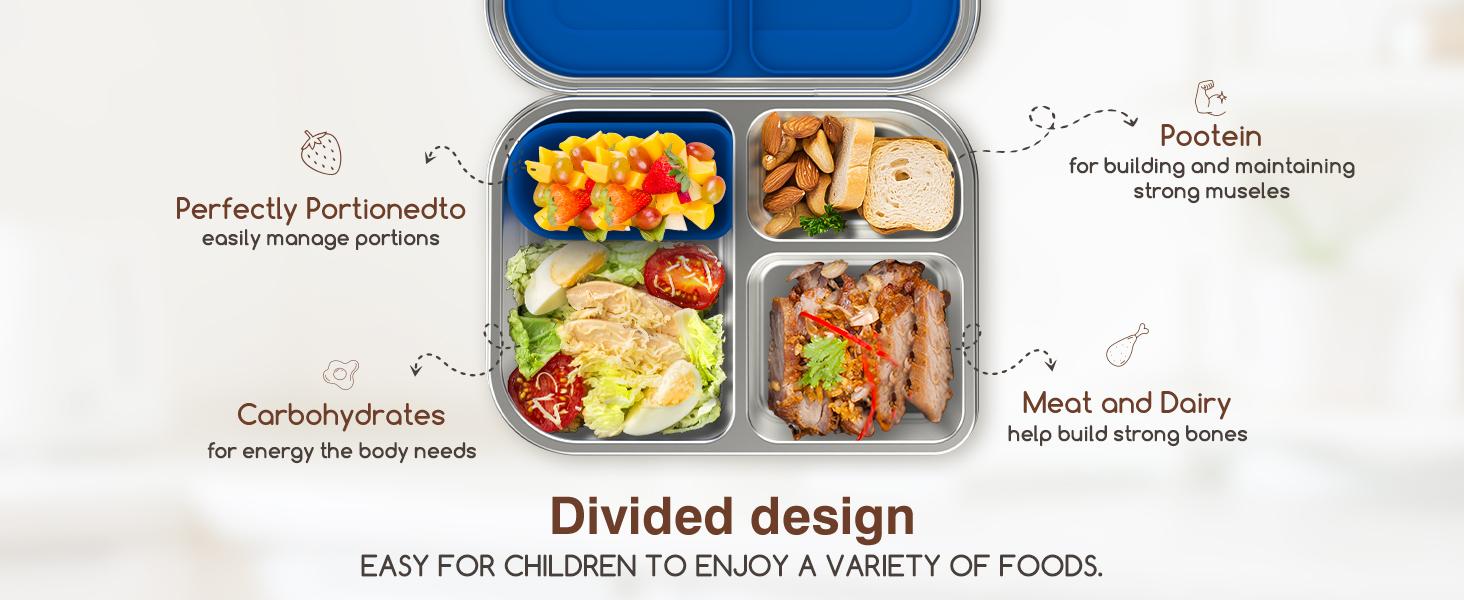 PAWTONG Stainless Steel Kids Leak-Resistant Bento Lunch Box, 3-Compartments with Silicone Container, Dishwasher-Safe, Child-Friendly Design for School, Picnics & Travel,BPA-Free