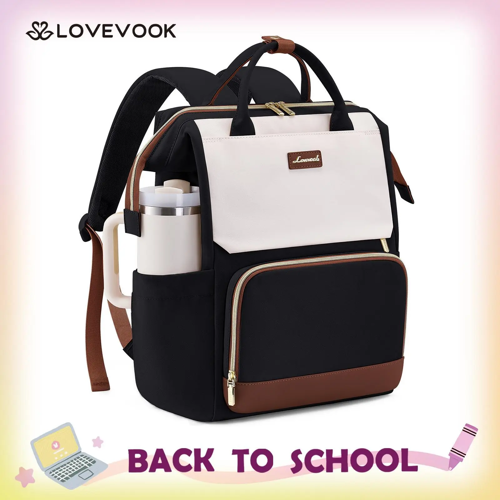 LOVEVOOK Laptop Backpack for Women with Giant Tumbler Holder Pocket, 15''/17'' Travel Work Backpack Purse for Nurse Teacher, Waterproof Backpack College Bookbag Cute Casual Daypack for Girls. TikTokShopBackToSchool