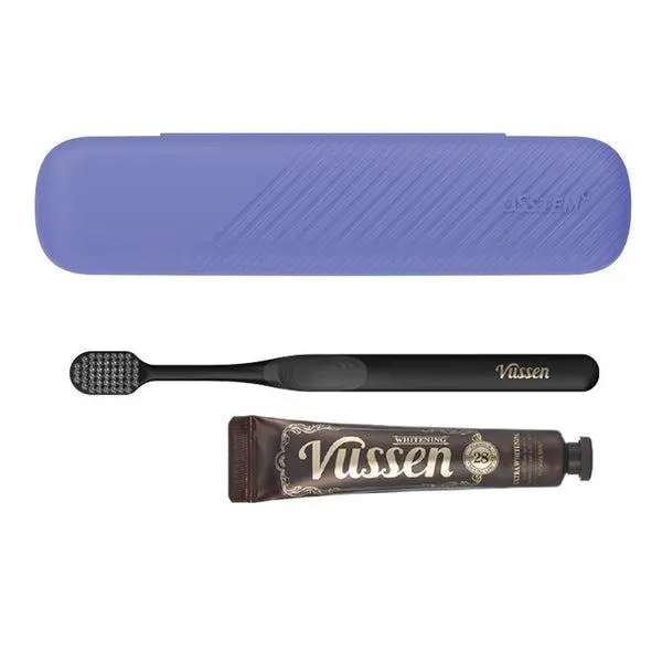 Vussen Korean Purple Travel Oral Care Kit - 28 Strong 34g Toothpaste Set, Black Wide Head Soft Bristle Toothbrush for Yellowing Stain Removal, Bright, Gentle, Durable Daily Floral Oral Care Solution