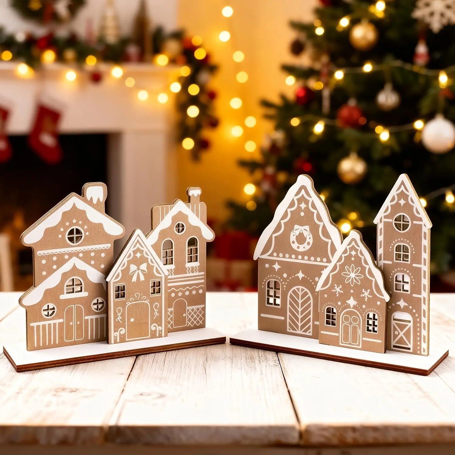 Christmas Decoration Wooden Gingerbread House Set, 6 Mini Houses & 2 Bases, DIY Farmhouse Holiday Display, Rustic Christmas Table Decor, Christmas Table Decorations, Festive Decoration
