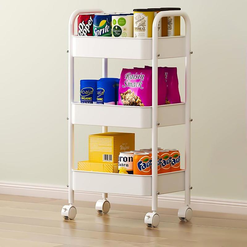 3 Tier Rolling Cart, Metal Utility Cart with 4 Hooks Storage Cart on Wheels Craft Cart with Handle for Organizer Storage for Classroom Office Dorm Home Pink and white.