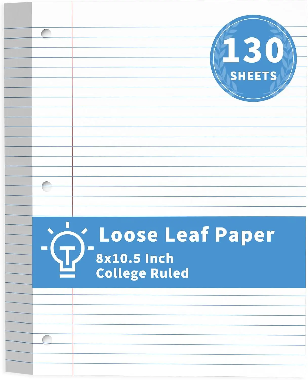 8" x 10.5" College Ruled Loose Leaf Paper, 130 Sheets Bright Flawless White Surface 3-Hole Punched Filler Paper for 3-Ring Binders, Ample Writing Space for School Office Use