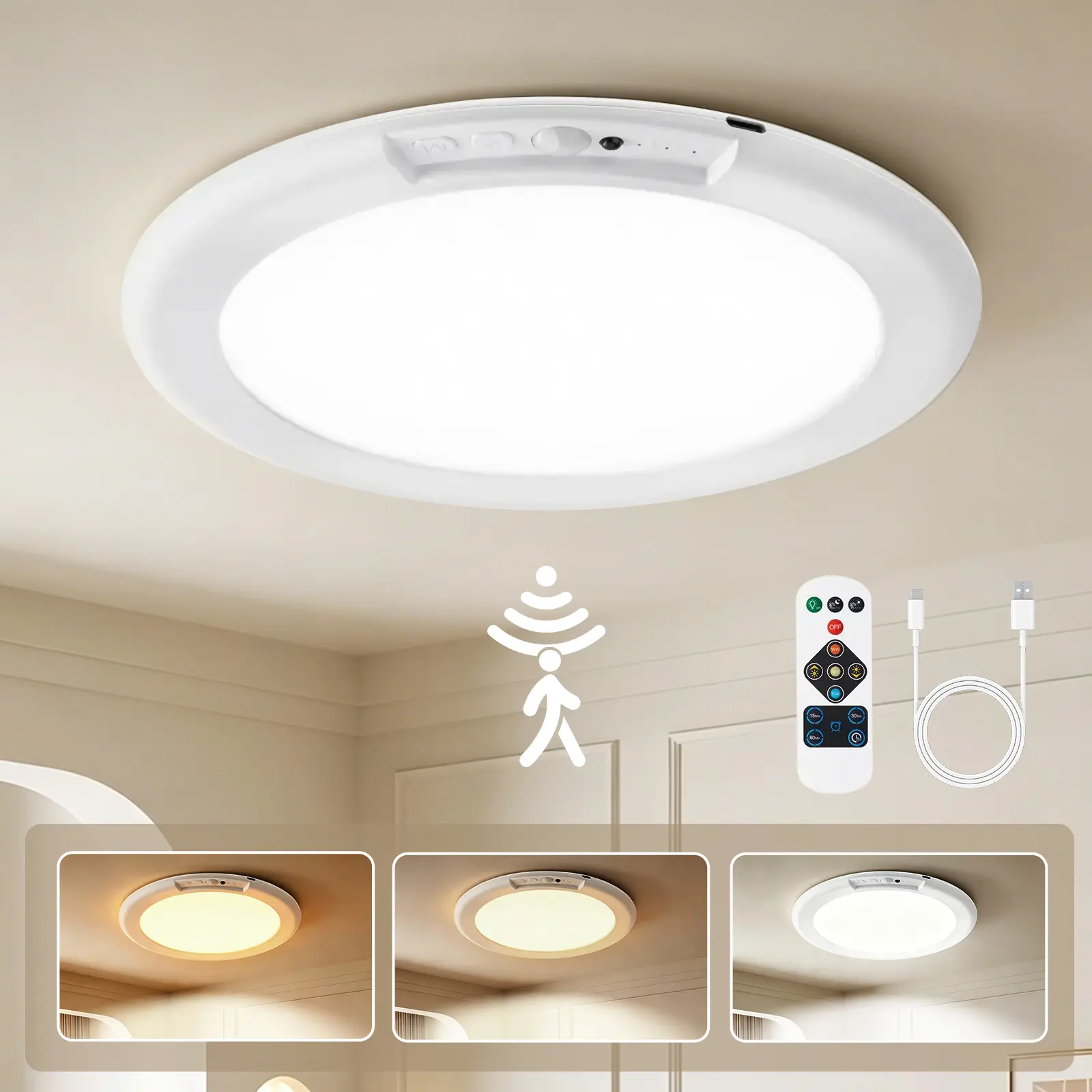4000mAh Rechargeable Motion Sensor Ceiling Light with Remote, Wireless Magnetic LED Closet Light, 3 Color Modes, No Drill No Wiring Lamp for Bedroom, Hallway, Stairs, Entryway & More,Flood Light, Easy Install Led sohochic