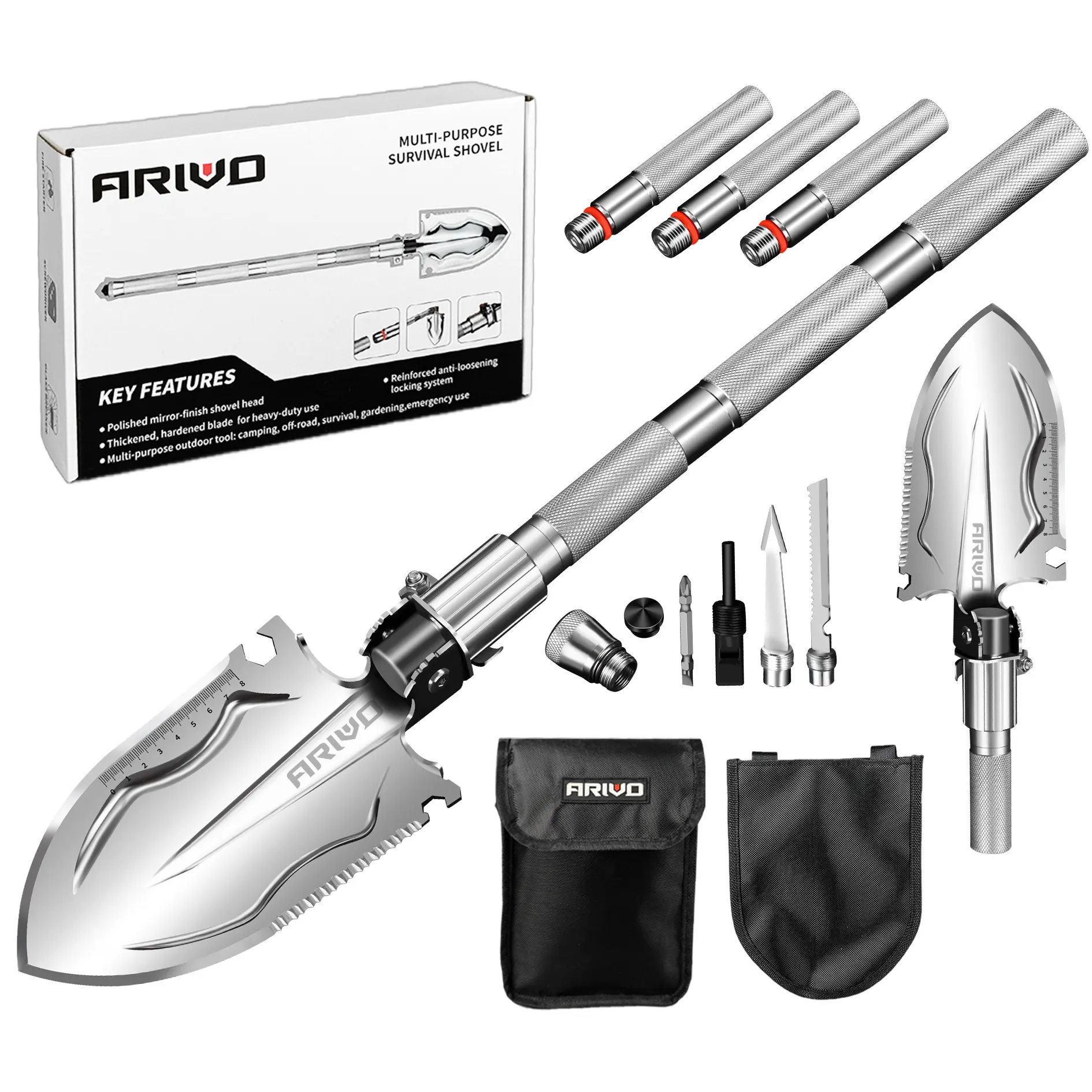 Folding Survival Shovel - Heavy-Duty Military-Style Multitool with Martensitic Steel Blade, 13-in-1 Off-Road Trail Gear for Camping, Emergency & Survival Camping