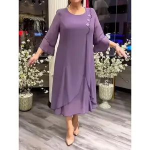 Plus Size, Elegant Plus-Size Summer Dress - Lightweight Chiffon with Side Embroidery & Multi-Layered Hem, Womenswear Fabric Casual Polyester
