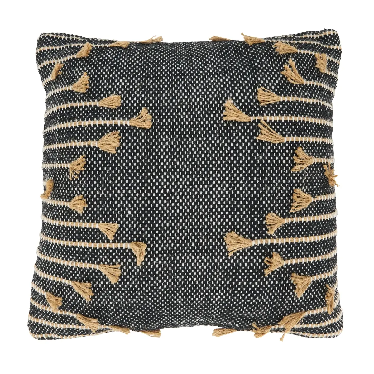 Saro Lifestyle 764.BK18SD 18 in. Cotton Handmade Tassels Zig-Zag Lines Down-Filled Square Throw Pillow, Black - Whimsical Look Indoor Use Decor Pillow
