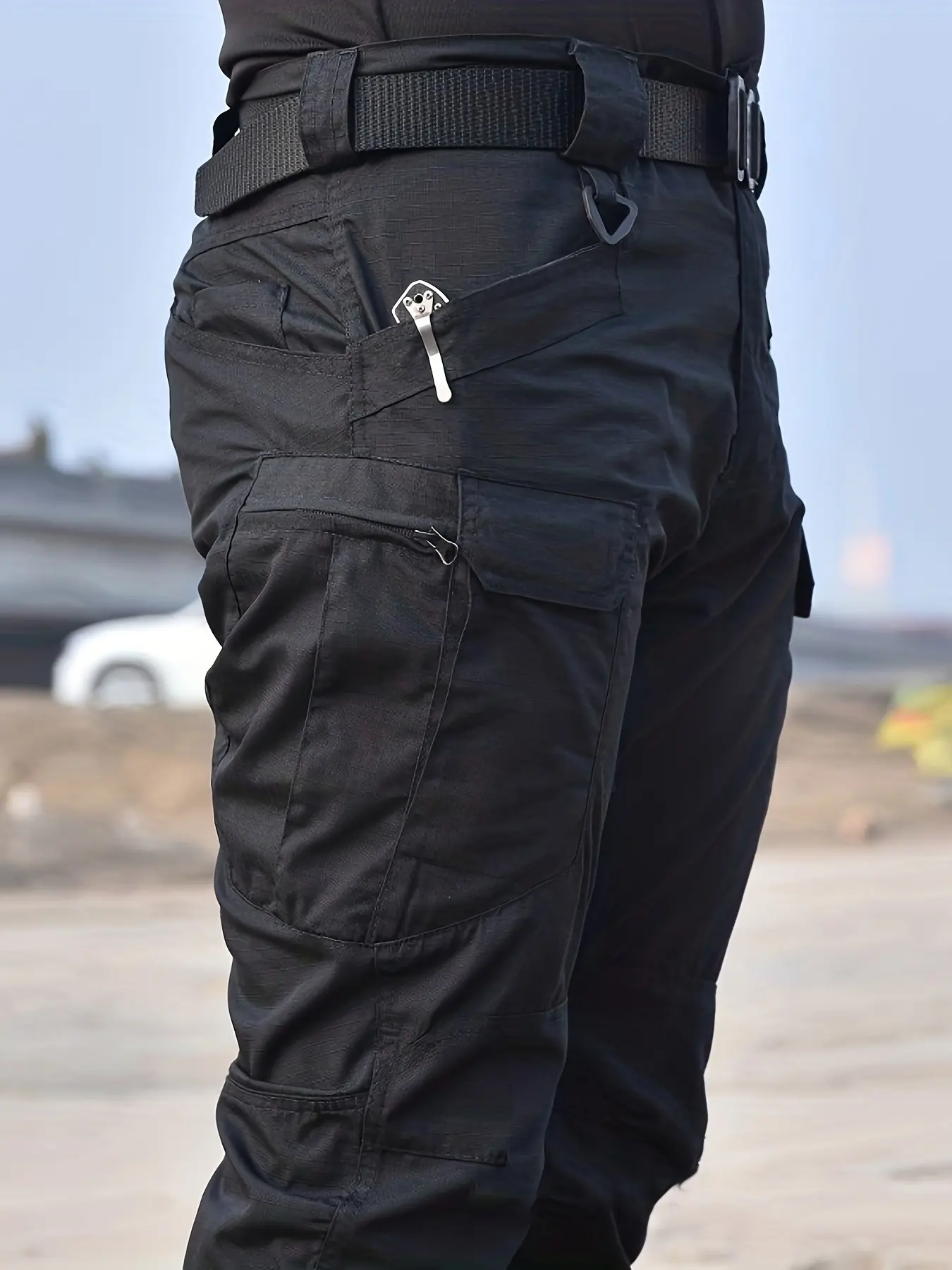 Men's Multi-Pocket Cargo Work Pants, Elastic Waist, Durable Fabric, Ideal for Outdoor Hiking, Cycling, Fishing and Tactical Camping, Solid Color, Flexible Workwear, Combat Work Pants