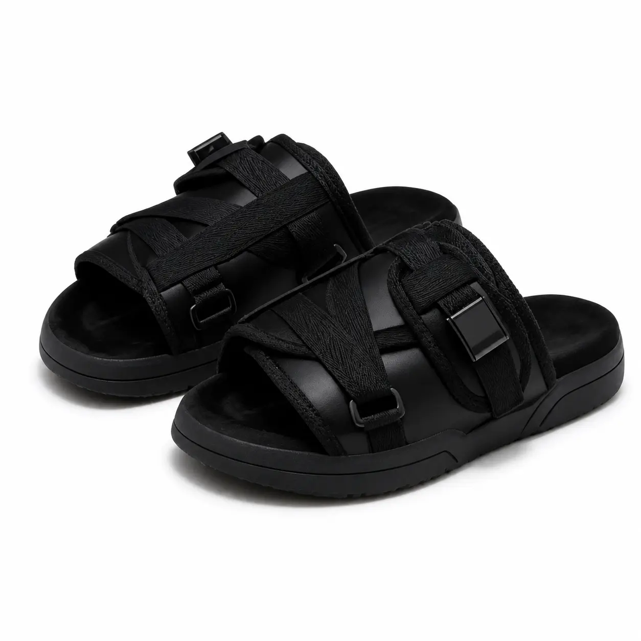 Black Slide Sandals for Adults, Open Toe Crisscross Wide Strap Slip-On Slides with Buckle Details for Casual Wear and Travel