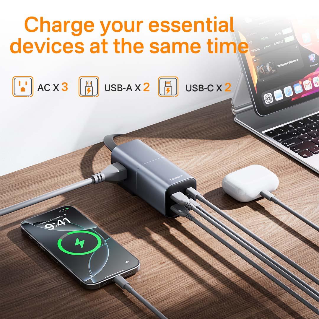 [Buy 1 Get 1 Free 60W Charging Cable] Tessan Detachable Power Strip with 35W GaN Fast Charging, USB Adapter and 3AC Power Strip into One for Easy Portability, 7-in-1 Power Strip with USB-A/C Ports for Phones, iPad, MacBook and More Devices