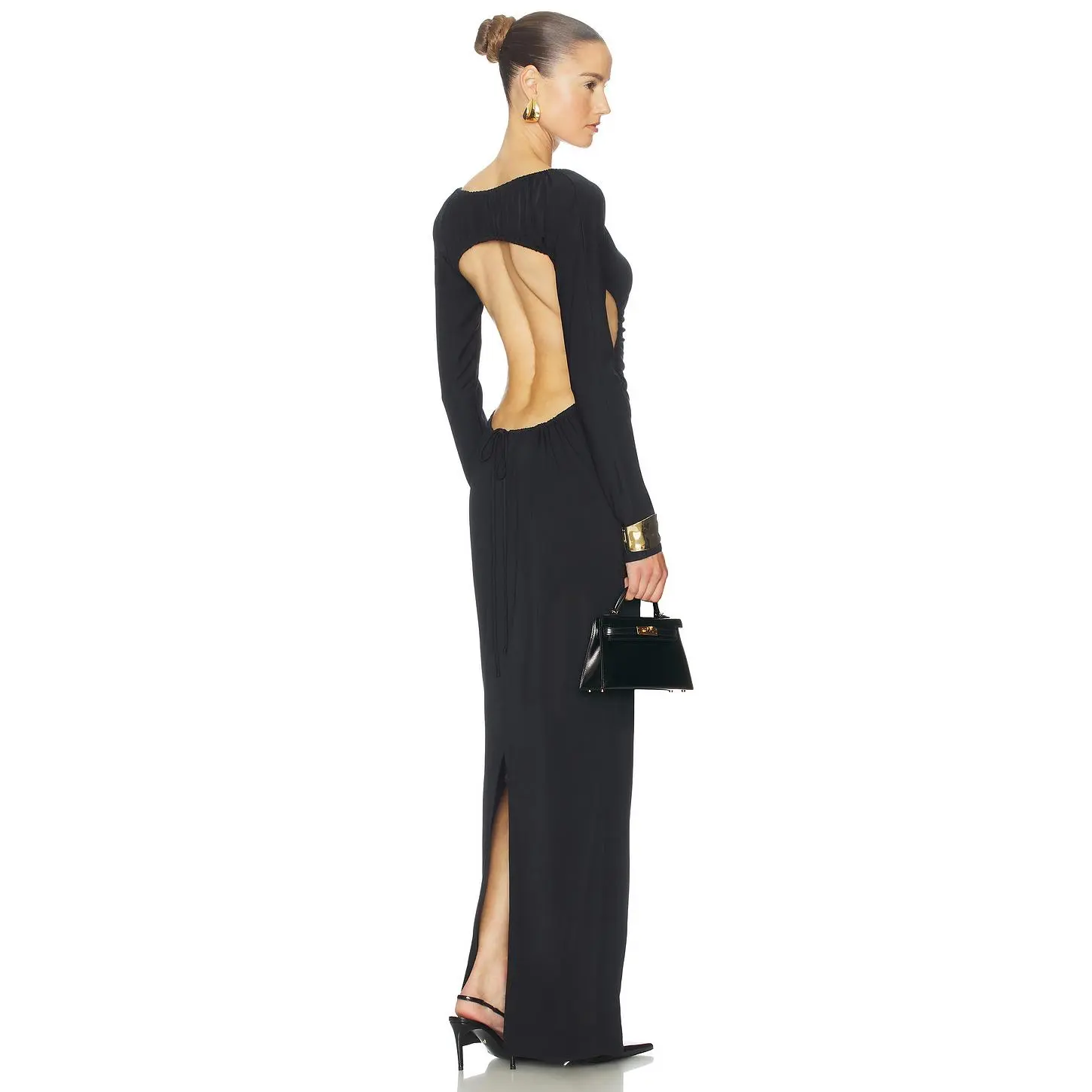 Helsa The Ruched Open Back Jersey Dress in Black
