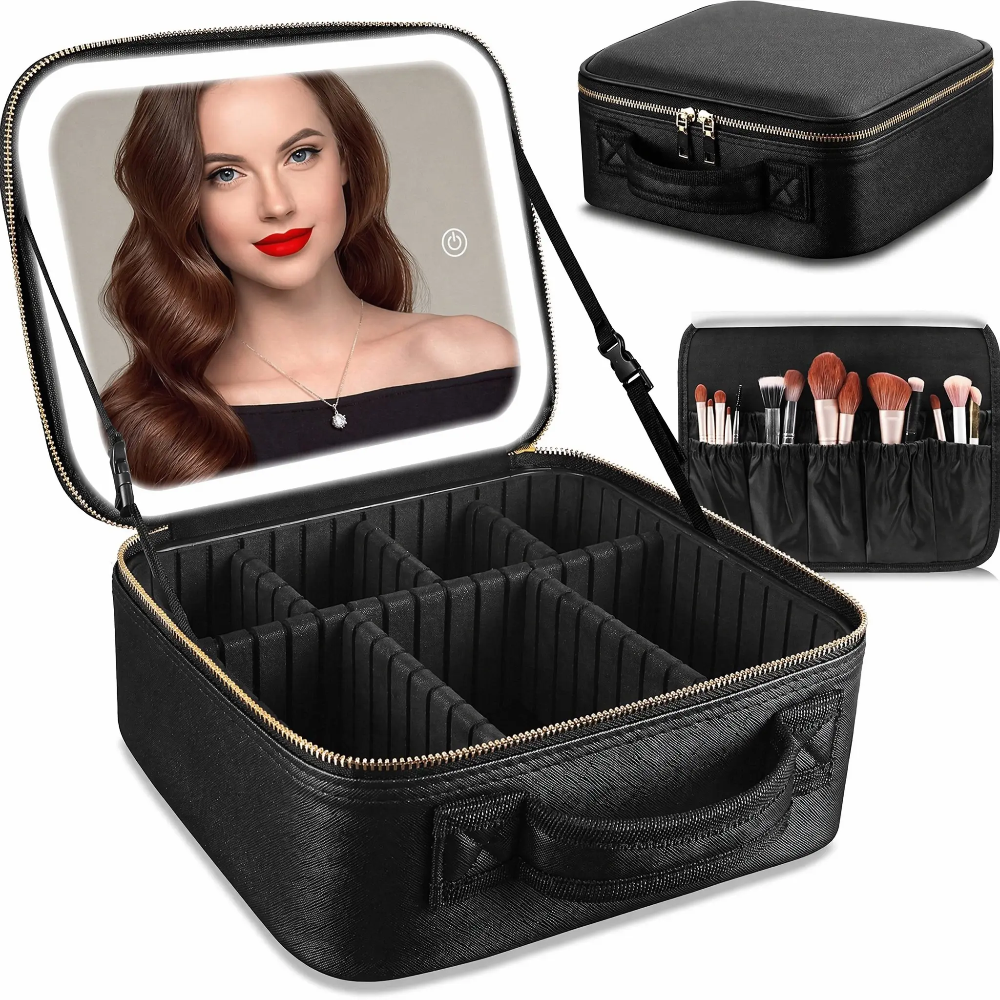 Travel Makeup Bag With LED Mirror, Cosmetic Train Case with Light up Mirror, Portable Makeup Artist Organizer Bag with Adjustable Dividers