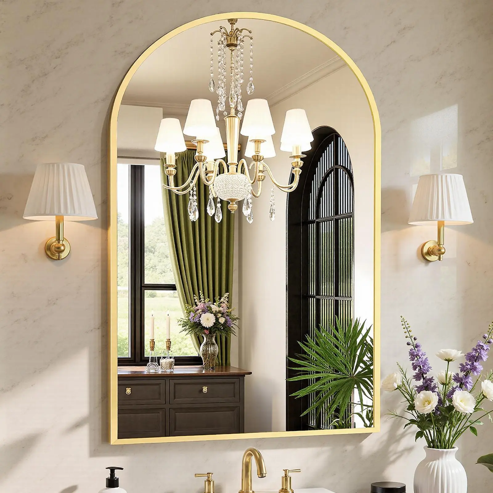 Modern Arch Decorative Wall Mirror - Brushed Aluminum Frame, HD Shatter-Proof Glass Bathroom Mirror for Over Sink, Living Room, Makeup Vanity, Wall & House Decor