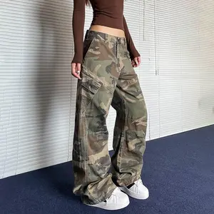 American retro slanted pocket design camouflage overalls loose flared straight pants for men and women autumn