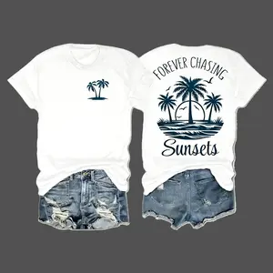 Womens Cotton Short Sleeve Graphic T Shirt Forever Chasing Sunsets Palm Tree Beach Sunset Print Summer Vacation Coastal Casual Tee For Travel Weekend