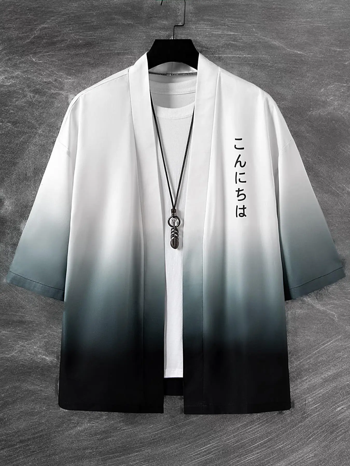 Men's Short Sleeve Loose Ombre Traditional Kimono with Japanese Letter Graphic, Casual Style, Fashion, Moderate Fabric, Perfect Gift for Boyfriend, Summer Wear, Menswear, Clothes, Long Clothing