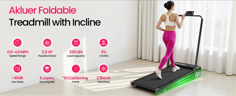 [Foldable Handle Bar with 6% Incline Brushless Motor Treadmill] Akluer Walking Pad,Foldable Handle Bar, large-area rubber running belt,Top speed reaches 4MPH ,Remote Control for Remote Adjustment